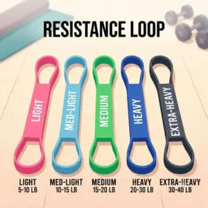 Set of color-coded resistance loop exercise bands displaying light to heavy tension levels