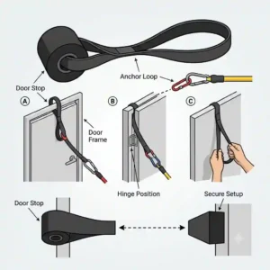 graphic diagram demonstrating how to safely install a heavy-duty door anchor attachment for a resistance tube workout at home