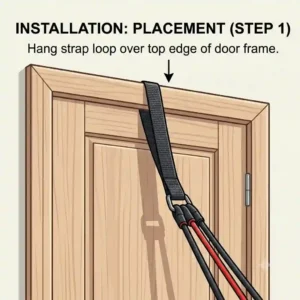 Illustration showing how to place a resistance tube door anchor over the top of an open door before closing it securely.