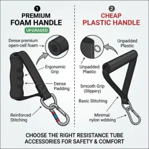 an illustrated comparison highlighting the ergonomic design and reinforced stitching of premium foam handles for resistance tubes