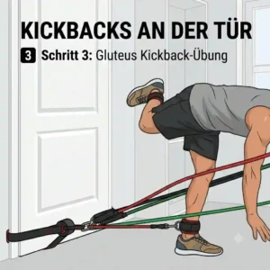 A leg-focused illustration demonstrating a glute kickback with exercise bands door.