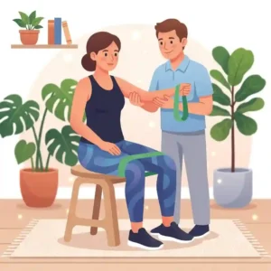 Illustration of a physical therapy session using light exercise bands for gentle shoulder rehabilitation.