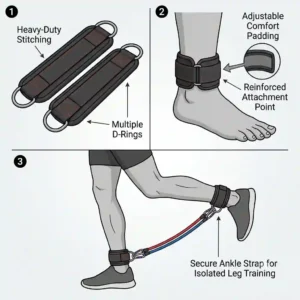 illustration of adjustable padded ankle straps with steel D-rings used as resistance tube accessories for lower body exercises