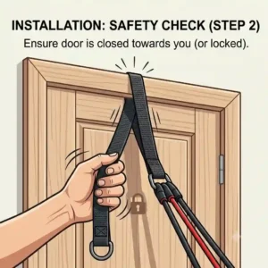 Close-up illustration of a user pulling tightly on the resistance tube door anchor to ensure it is locked securely in the door frame.