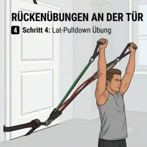 High-angle vector art illustrating lat pulldown motions using exercise bands door.