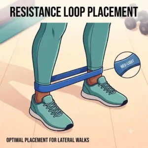 Close-up showing correct resistance loop band placement around the ankles for lateral walks