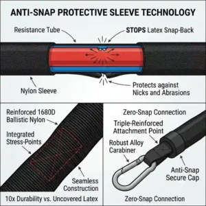 technical illustration of an anti-snap nylon protective sleeve accessory covering a latex resistance tube to prevent friction damage