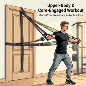 Vector illustration of an athlete performing a chest fly workout using a resistance tube door anchor fixed at the top of a door.