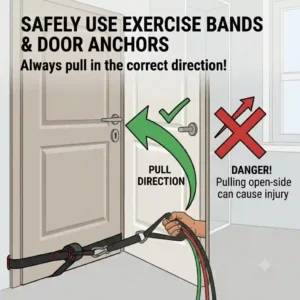 Graphic safety diagram showing the correct pulling direction when using exercise bands door