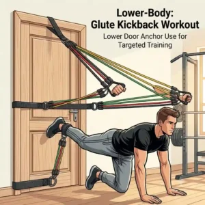 Graphic showing a person performing glute kickback exercises with a resistance tube door anchor attached to the bottom of the door frame.