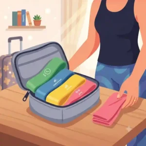 Graphic layout of light exercise bands folded neatly inside a compact travel mesh pouch.