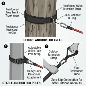 illustration showing an outdoor utility strap accessory anchoring resistance tubes to a tree trunk for an outdoor workout