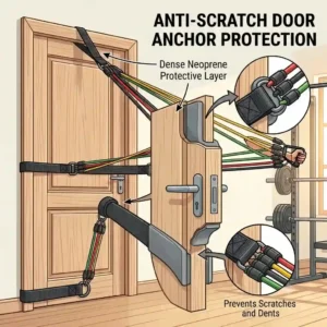 An infographic illustrating how the soft foam padding of a resistance tube door anchor protects household doors from damage and scratches.