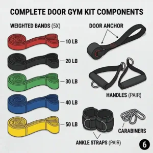 Component checklist illustration showing all the equipment included in a complete kit of exercise bands door.