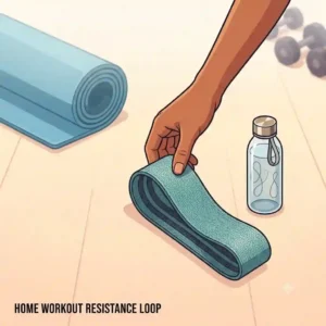 Home workout setup featuring a resistance loop, yoga mat, and water bottle