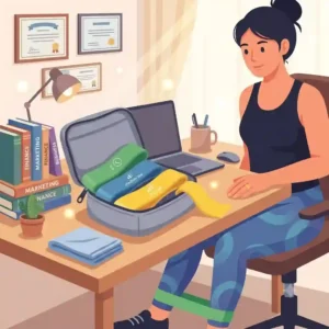Illustration of an office worker doing seated leg extensions with light exercise bands under a desk.