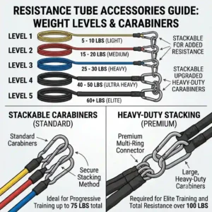 a color-coded infographic chart illustrating the different weight levels and clip-on carabiner accessories for stackable resistance tubes