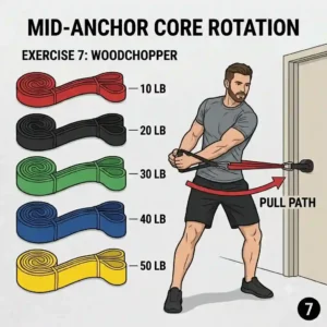 Focus on core rotation and abdominal woodchopper exercises using exercise bands door