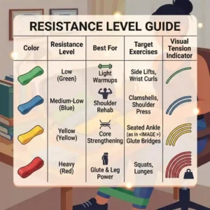 Chart illustration comparing various colors and tension levels of light exercise bands.