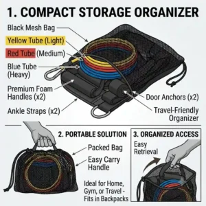 vector illustration of a compact mesh carry bag storing a full workout set of resistance tubes and fitness attachments
