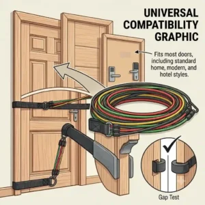 Conceptual illustration demonstrating that the universal resistance tube door anchor fits securely into standard residential and hotel doors.